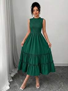 Summer Sleeveless Smocked Dress Women's Crewneck Ruffle Trim Flounce Hem Solid Color Casual Beach Vacation Midi Dress - 墨綠色 - 查看 1