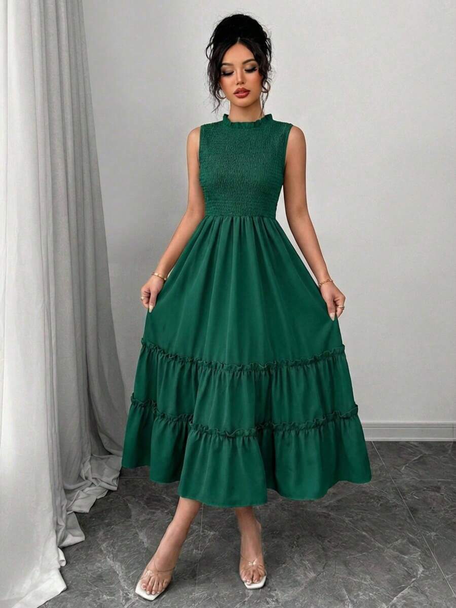Summer Sleeveless Smocked Dress Women's Crewneck Ruffle Trim Flounce Hem Solid Color Casual Beach Vacation Midi Dress - 墨綠色 - 查看 1