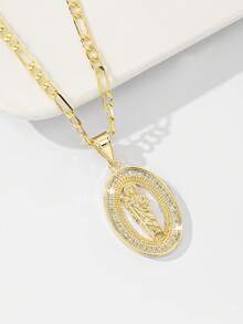1pc Classic European And American Copper Inlaid Zirconia Guardian Angel Pendant Necklace, Suitable For Christmas/Thanksgiving/Halloween/Mother's Day/Valentine's Day Gifts For Couples/Friends/Churchgoers, Catholic First Communion, Gifts, Daily And Holiday Wear For Prayer - Yellow Gold - View 3