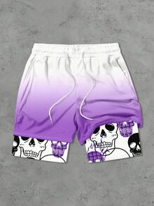 Men's Ombre Drawstring Waist Skull Print Casual Beach Shorts - Multicolor - View 2