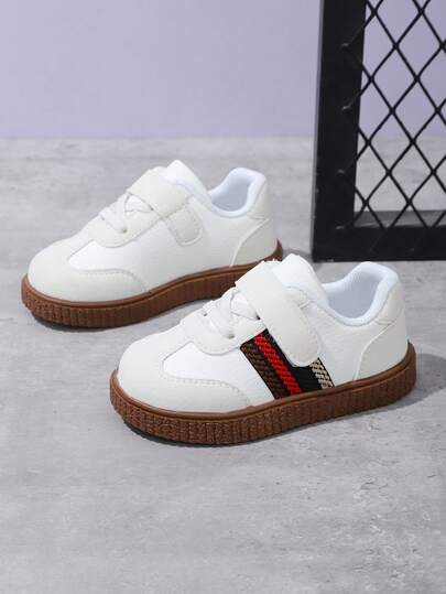 1 Pair New Soft Bottom Anti-Slip Children's Sports Shoes, Retro Striped Comfortable Versatile Suede Toddler Shoes, Boys & Girls, Essential For Babies , Hook And Loop Closure Walking Shoes