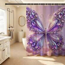 “奢华紫色水晶蝴蝶浴帘，粉色缎面背景上镶嵌闪亮紫水晶钻石蝴蝶图案，防水防霉涤纶浴帘套装，含12个挂钩，魅力少女浴室装饰，高端闪亮美学家居卫生间装饰礼品” - 紫 - 查看 9