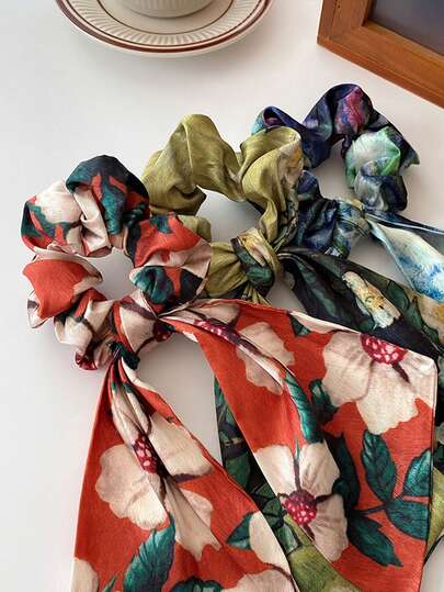 3pcs Bohemian Rose Print Hair Scrunchies, Vintage Ribbon Ponytail Holder, Retro Hair Accessories