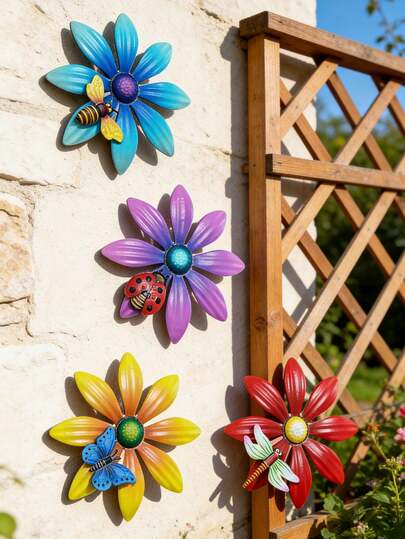 3D Vibrant Metal Flower Wall Decor With Bee, Ladybug, Butterfly & Dragonfly Accents – Hand-Painted Waterproof Outdoor Garden Art For Patio, Fence, Yard, Backyard, Balcony & Home Decoration, Rustic Colorful Sculptures To Elevate Your Outdoor Living Space