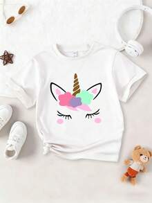 Camiseta de manga corta con estampado de unicornio para niñas, ropa infantil holgada y versátil - Blanco - Ver 3