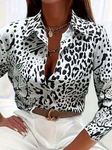 Plus Size Women Leopard Print Long Sleeve Single-Breasted Fashion Shirt, Suitable For Daily Wear, Office And Commuting White Spring - White - View 2