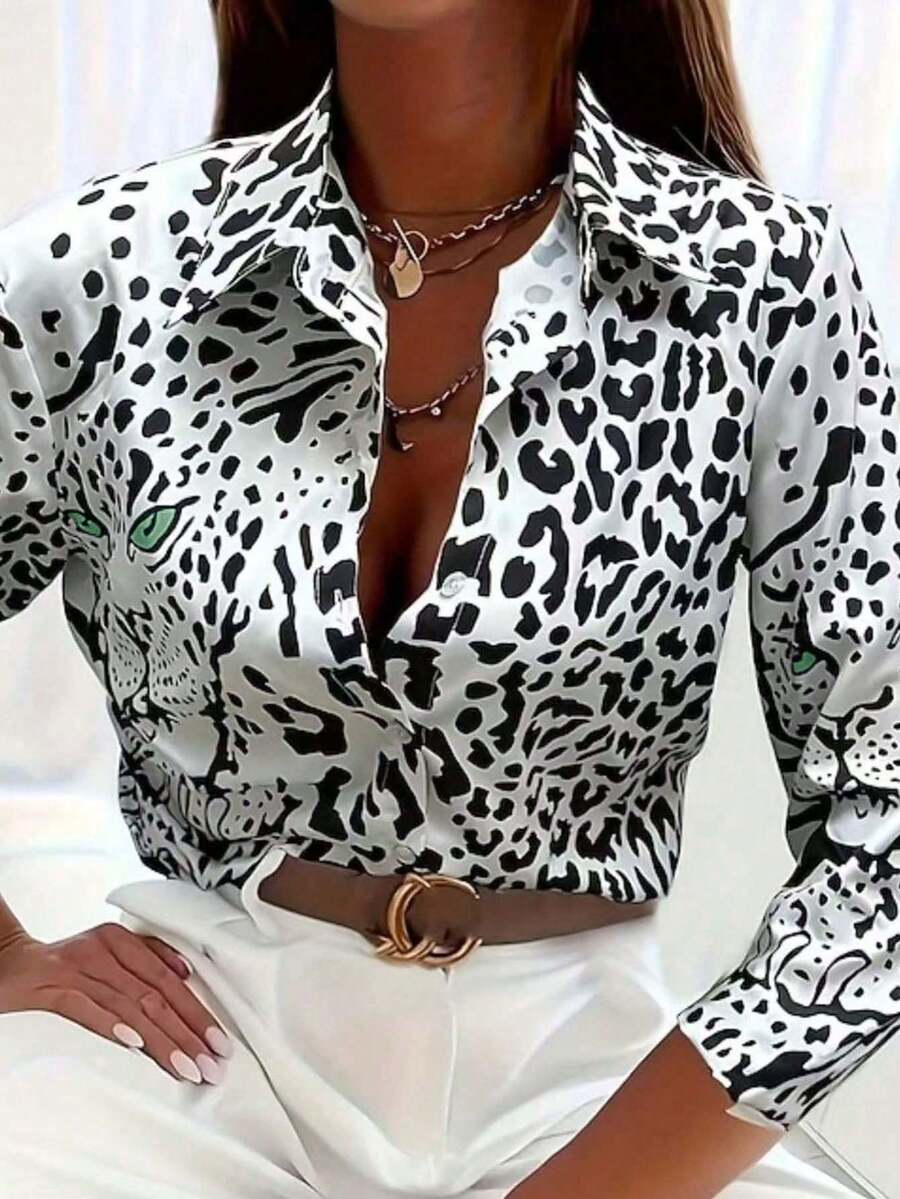 Plus Size Women Leopard Print Long Sleeve Single-Breasted Fashion Shirt, Suitable For Daily Wear, Office And Commuting White Spring