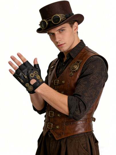 Leather Steampunk Gloves, Gothic Style, Retro, Fingerless Gloves, Heavy Metal Halloween Gloves With Rock Gears, Role-Playing, Costumes, Role-Playing, Performance Props, Half Finger Design Makes The Gloves More Comfortable And Breathable, Gears, Compass, And Bird Skull Perfectly Match Heavy Metal Rock Gothic Punk Clothing.