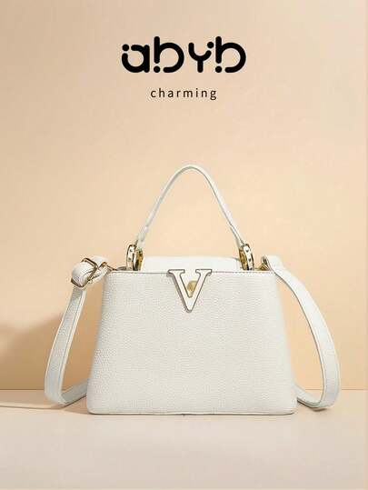 2026 New Luxury White Litchi Grain Handbag & Shoulder Bag, V-Shaped Buckle, Commuting Tote For Women