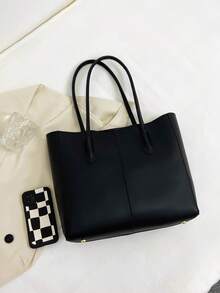 Bolso de mano de mujer de moda nuevo, de unicolor de PU, de alta gama, de gran capacidad, con doble asa, adecuado para uso diario, trabajo, viajes, compras, accesorio de bolso multifuncional para damas - Negro - Ver 4
