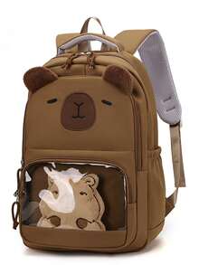 1pc 3D Capybara Embroidery + Transparent PVC Window Nylon Waterproof Large Capacity Multi-Compartment Zipper Closure Cute & Playful Backpack, Suitable For Students And Daily Commute - Multicolor - View 14