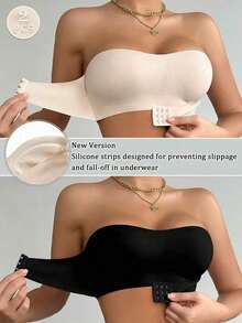 2pcs/Set Front Closure Solid Color Strapless Bandeau Bra With Upgraded Non-Slip Silicone Strips, Comfortable Soft Cup Wireless Bra, Lingerie For Women (Black+Apricot) - Multicolor - View 1