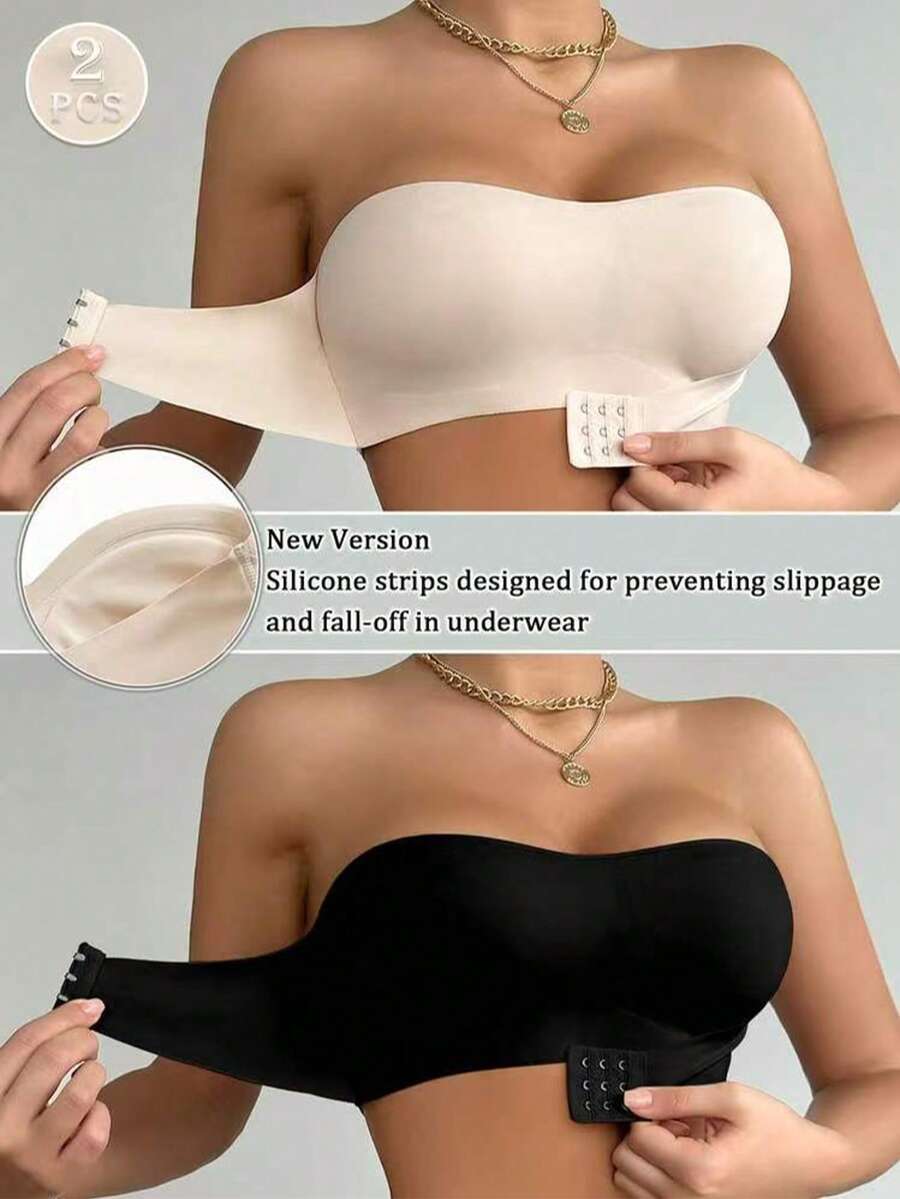 2pcs/Set Front Closure Solid Color Strapless Bandeau Bra With Upgraded Non-Slip Silicone Strips, Comfortable Soft Cup Wireless Bra, Lingerie For Women (Black+Apricot) - Multicolor - View 1