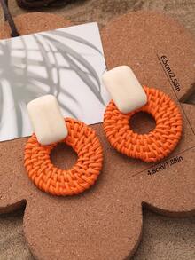 1 Pair Handmade Rattan Woven Hollow Round & Rectangular Natural Wood Earrings, Suitable For Vacation, Party, And As Souvenir, Actual Size May Vary Slightly Due To Handcrafted Nature - Orange - View 5