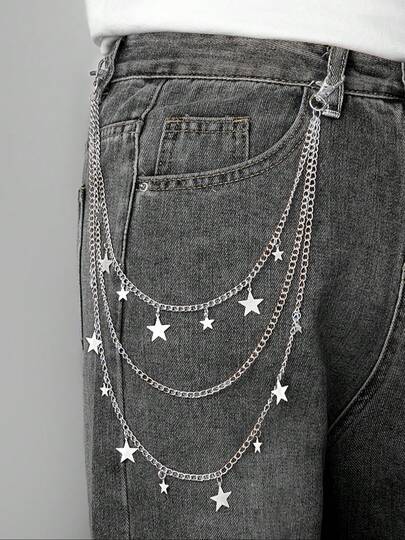 1 pieza Cadena de cintura de estilo punk unisex con estrella de metal y borlas multicapa, accesorio versátil de cadena para pantalones vaqueros