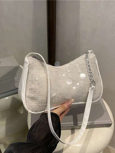 1pc Ivory Sequin Decor Mesh + PU Leather Mini Structured Zipper Closure Sweet & Cool Party Style Handbag, Shoulder Bag For Party & Date