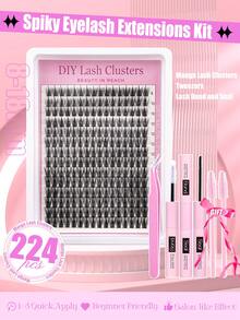 Lashes Eyelash Curler, 224pcs D-Curl 8-18mm Length, Faux Mink Individual Eyelash Clusters, Narrow & Thick Stem Eyelash Curler With Applicator, Glue & Sealer, Eyelash Curling Kitlash Clusters Kit,Lashes,Eyelashes,Fake Lashes - 彩色 - 查看 2