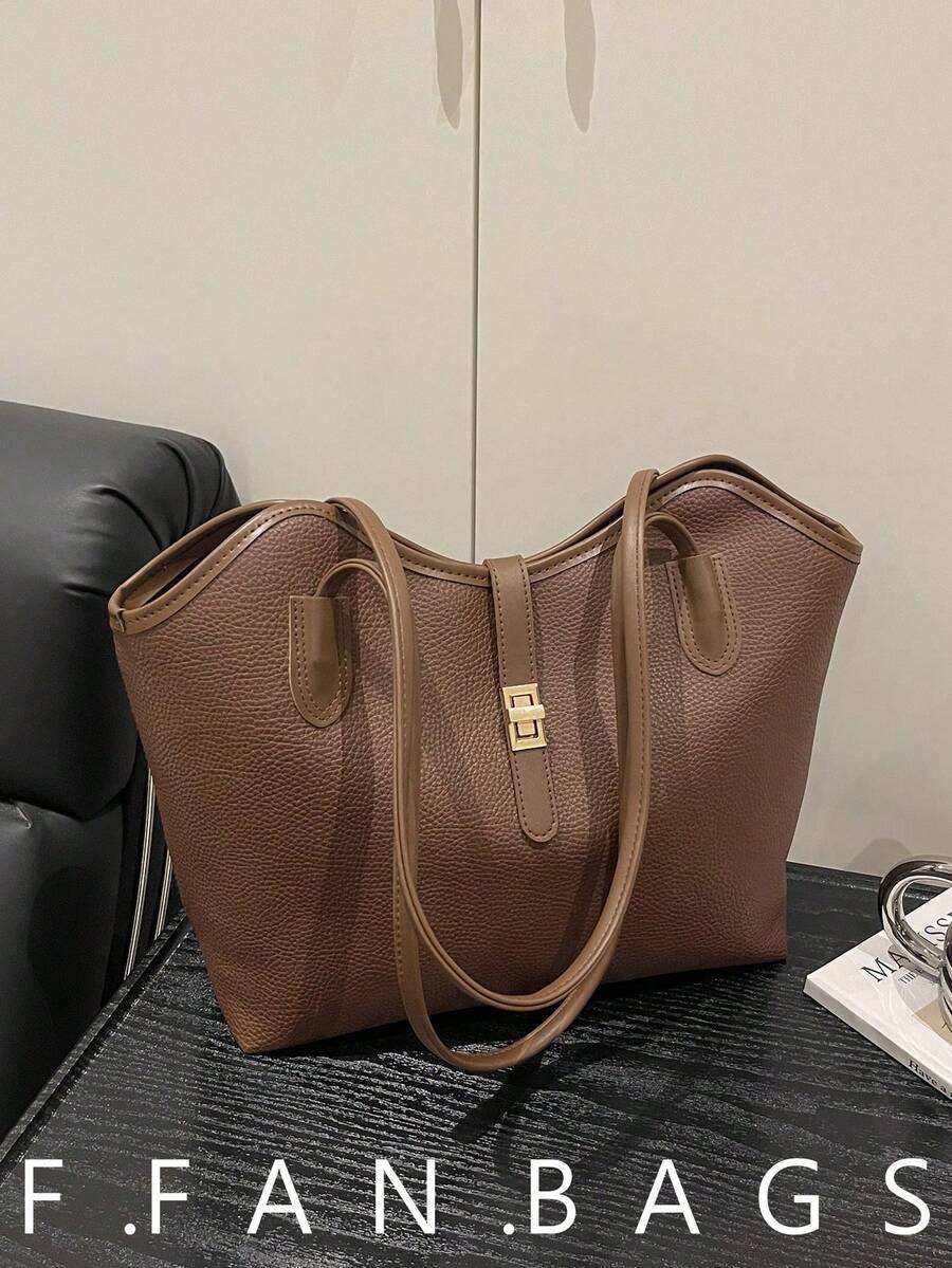 Contrast Color Lace-Up Shoulder Bag With Dual Handles, Suitable For Work Or School. Perfect For Graduate Students, Young Girls, College Freshmen To Seniors, And High School Students. - Coffee - View 1
