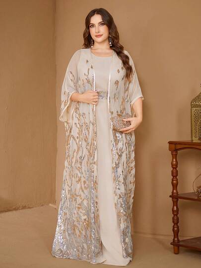 SUPGIR Plus Size Women Sequin Batwing Sleeve Loose Arabic Abaya Dress And Sleeveless Dress, Elegant Formal Wear
