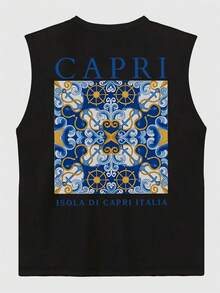 Italian Southern Style Printed Casual Loose Fit Men's Sleeveless Tank Top - Black - View 3
