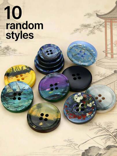 10 Decorative Buttons, Rustic Oil Painting Style Buttons, Mixed Styles, Round Oil Painting Buttons, Versatile Buttons For Coats, Suits, And Outerwear For Men And Women, Used For Decorative Hand-Sewing Accessories