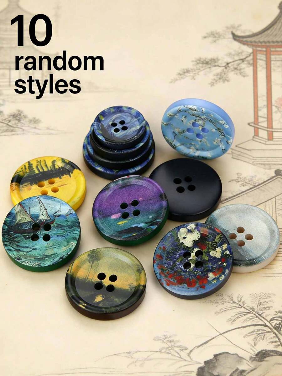 10 Decorative Buttons, Rustic Oil Painting Style Buttons, Mixed Styles, Round Oil Painting Buttons, Versatile Buttons For Coats, Suits, And Outerwear For Men And Women, Used For Decorative Hand-Sewing Accessories - Random Styles - View 1