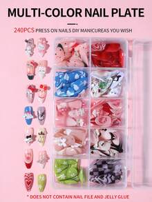 SANRIO 240片（10种混色）杏仁法式美甲贴片，带有可爱的3D和库洛米装饰，蝴蝶结、爱心和珍珠设计，完美贴合的亚克力假指甲套装，包含1支果冻胶和1个指甲锉，适合女性和女孩日常及派对使用。 - 彩色 - 查看 3