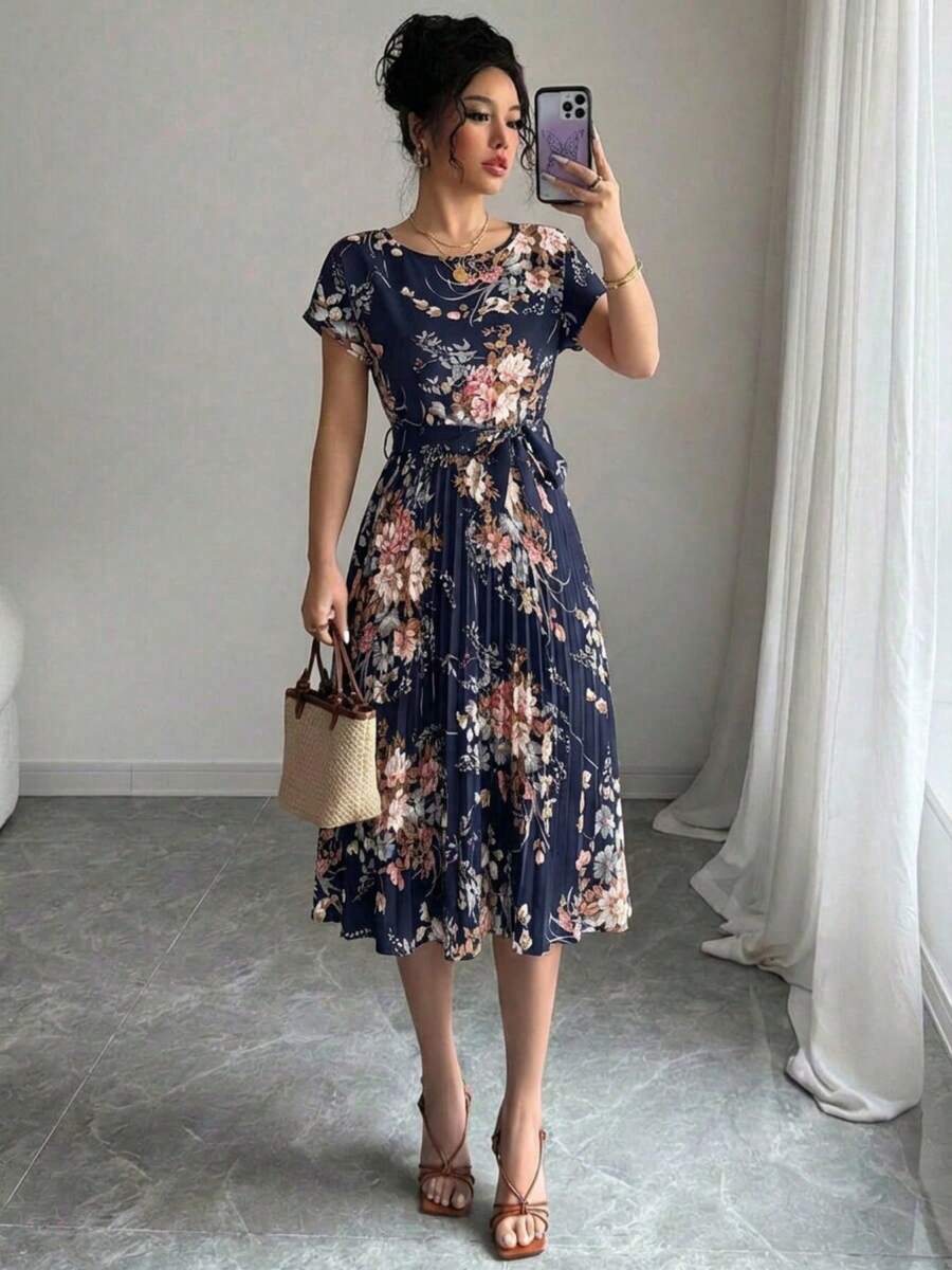 Summer Boho Floral Tiered Dress Women's Short Sleeve Crewneck Tie Front Pleated Flounce Hem Maxi Beach Vacation Dress - Màu xanh hải quân - Xem 1