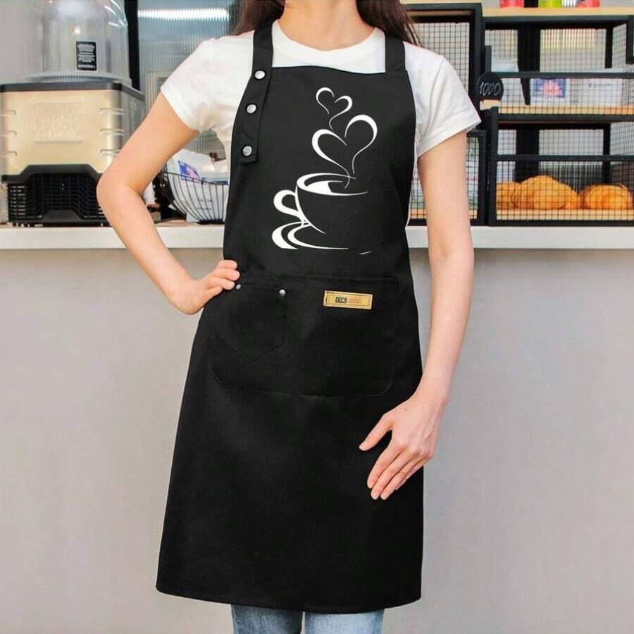 A Cooking Apron With A Coffee Cup-Shaped Steam Design, Suitable For Both Men And Women, Featuring A Pocket For The Chef's Kitchen Utensils. - Một kích cỡ phù hợp cho tất cả - Xem 1