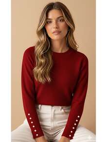 Basic Knit Sweater Blouse With Pearl Detail, Polyester, Pearls, Nightwear - Red - View 2