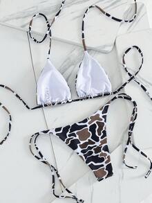 QKJ Bộ bikini nữ màu nâu đen họa tiết da bò, kiểu tam giác, cổ yếm, cúp ngực điều chỉnh được, dây buộc bên hông, cạp thấp, cạp cao, độ che phủ tối thiểu, gợi cảm, thích hợp cho kỳ nghỉ hè đi biển. - màu đen - Xem 5