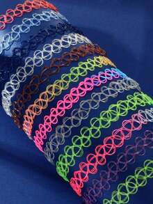 12 Pcs Y2k Colorful Hollow Elastic Tattoo Choker Necklaces Set Party Music Festival Jewelry - Multicolor - View 3