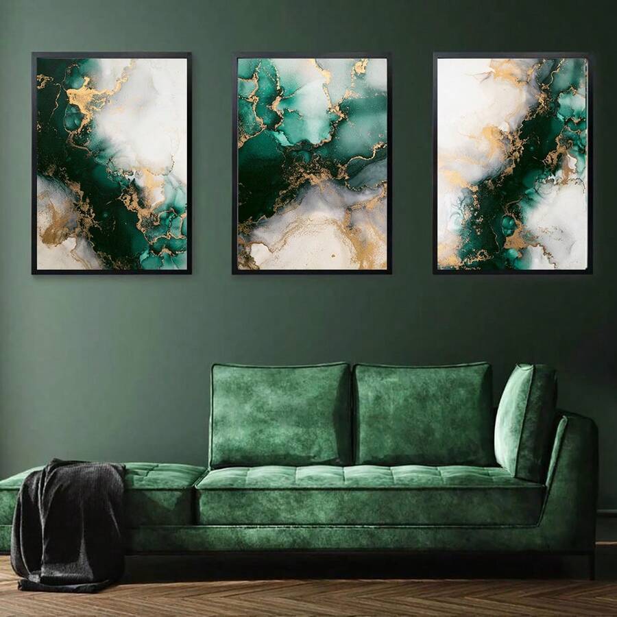 Juego de 3 impresiones de pintura de tinta fluida verde y dorada, decoración de arte de pared para la sala de estar, sin marco incluido - Multicolor - Ver 1
