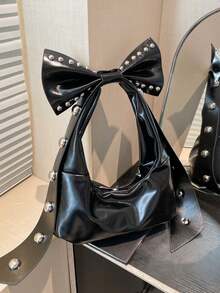 Black Retro Studs Bowknot Decoration Soft Leather Shoulder Bag, Large Capacity 2-In-1 Crescent Bag, Suitable For Work, Casual, Travel, Shopping, Dating, Gift For Young Women, College Students, Office Ladies - 黑色 - 查看 6