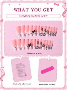 SANRIO 24片Y2K风格白色法式长方形美甲贴纸，配有可爱的黑色蝴蝶结和花朵装饰，粉嫩少女风，完美适配亚克力假指甲，内含1瓶果冻胶和1个指甲锉，适合女性和女孩日常派对使用。 - 彩色 - 查看 4