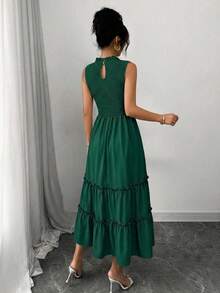 Summer Sleeveless Smocked Dress Women's Crewneck Ruffle Trim Flounce Hem Solid Color Casual Beach Vacation Midi Dress - 墨綠色 - 查看 6