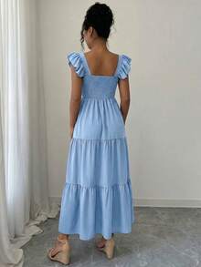 Summer Square Neck Backless Smocked Dress Women's Sleeveless Ruffle Trim Tiered Cami Midi Beach Vacation Dress - Màu xanh nhạt - Xem 6