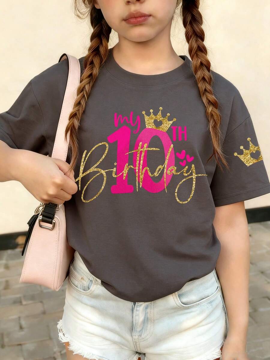 少女款“我的十岁生日”卡通印花上衣，适合活动、日常穿着、派对，是送给少女的生日礼物，也是生日庆祝的理想之选，是时尚少女的夏季上衣。 - 深灰色 - 查看 1