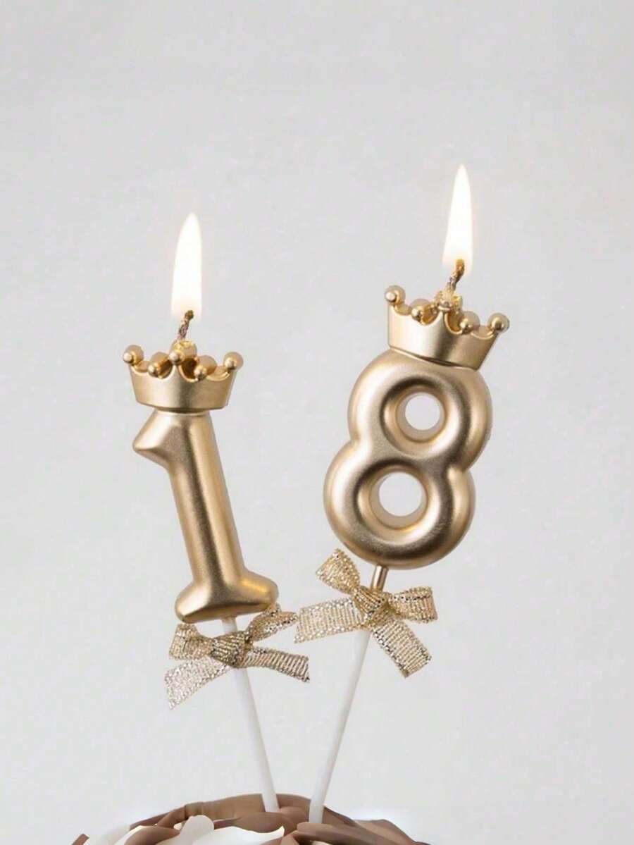 Creative Crown & Bowknot Number Birthday Candles, Cake Decorative Accessories, Available In Multiple Number Combinations And Color Options. Slight Color Difference May Occur Due To Lighting And Display Conditions - Champagne - View 1