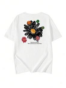 Women's Loose Fit Round Neck Short Sleeve Letter & Floral Print T-Shirt, Spring/Summer Casual White - White - View 5
