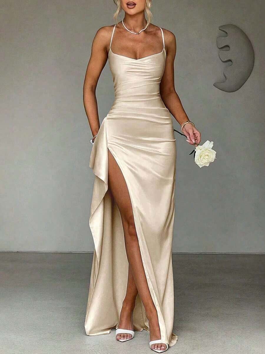 Sy-Elegant Sexy Satin Strapless Off Shoulder Frill Trim Waist Party Dress, Bridesmaid Dress, Formal Gown. - 香檳色 - 查看 1