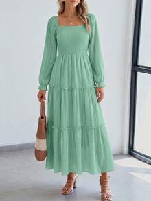 PRETTYGARDEN Women Elegant  Maxi Dresses For Fall Boho Long Sleeve Smocked A Line Ruffle  Wedding Guest Holiday Party Long Dress With Pockets New Years Valentine Vacation Spring Dresses For Women Vestidos Elegantes De Mujer - 灰綠色 - 查看 3
