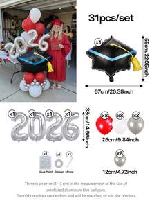 31pcs/Set 2026 Graduation Party Decoration Balloon Set, 4 Color Schemes (Red, Blue, Purple, Green) - Giant Graduation Cap Foil Balloon + 16-Inch Silver Letter Slogan Balloons (2026) | Graduation Ceremony, Graduation Photo, Graduation Banquet, Campus Event, Anniversary Decoration, 2026 Graduation Party Decor - Xem 15