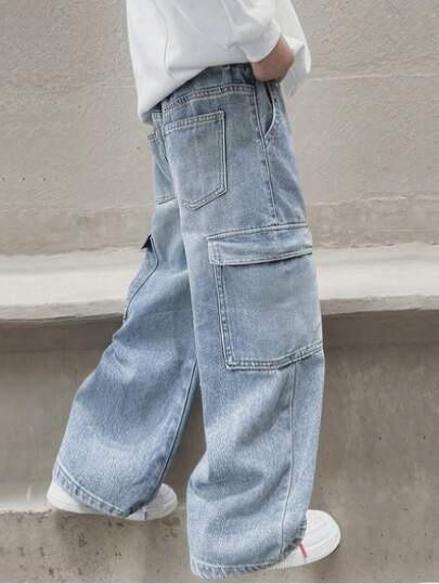 男童新款时尚浅蓝色直筒宽松休闲工装牛仔裤，百搭阔腿牛仔裤，适合大龄儿童
