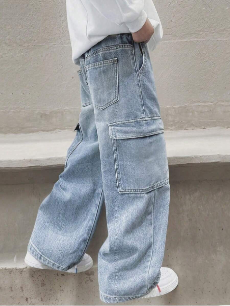 男童新款时尚浅蓝色直筒宽松休闲工装牛仔裤，百搭阔腿牛仔裤，适合大龄儿童 - 藍色 - 查看 1