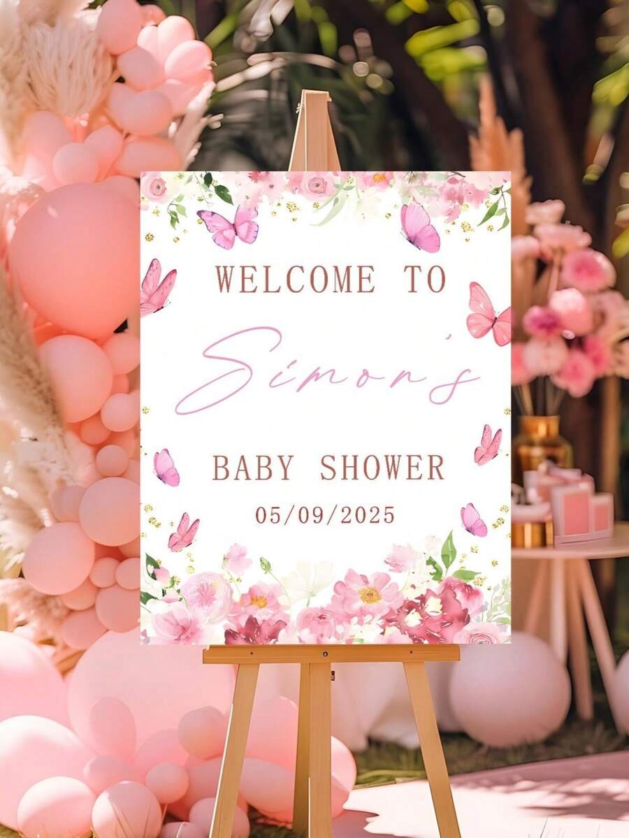 1pc Customized Welcome Sign, Pink Butterfly & Floral Decor, Personalized Birthday Party Decoration Board Prop - Multicolor - View 1