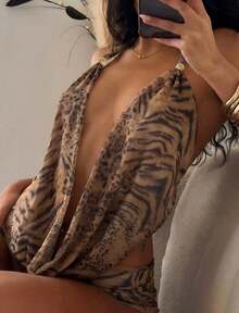 Women's Leopard Print Draped Cowl Neck Tie Backless Halter Top & Shorts Sexy 2 Piece Set - màu nâu - Xem 4