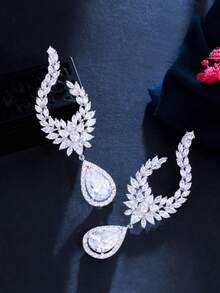 1 Pair Luxury Sparkling Cubic Zirconia Teardrop Earrings, Suitable For Weddings And Parties - White - View 2