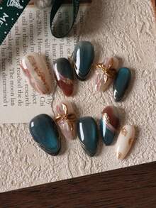 10pcs Nails, Green Cat Eye & Golden Flower Design Short Artificial Nails For Office & Daily Wear, Includes 1 Glue Sheet And 1 Mini File Handmade Press On Nails - 彩色 - 查看 3