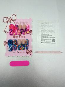 10pcs Square Fake Nails, Hot Pink & Blue Multicolor Nail Art, Handmade Nail Powder, Hand-Painted 3D Wave Texture Pattern, Colorful Line Y2K Style Wearable Nail Set, Suitable For Women Daily Party (Includes: 1pc Gel Glue And 1pc Buffing Block), Nail Art Supplies - Multicolor - View 9